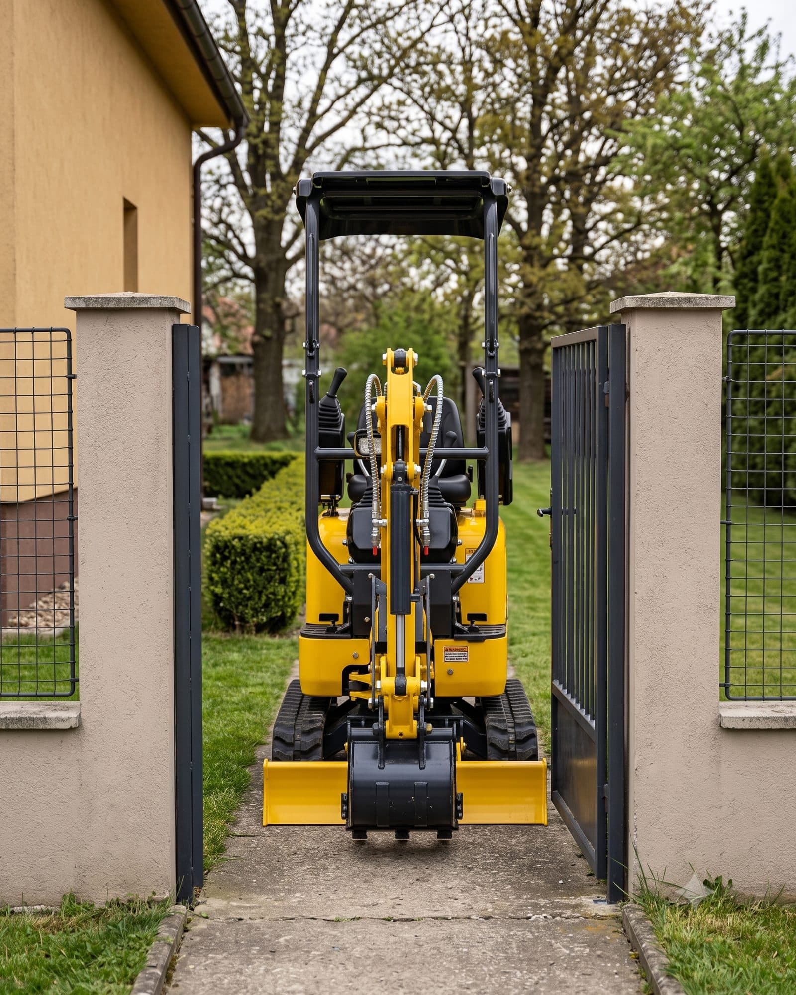 Minibagr GORILA GX12 I PRO projíždí otevřenou zahradní brankou